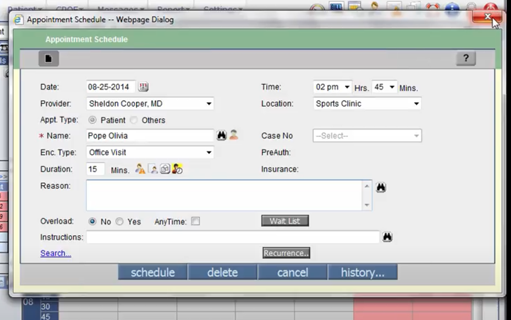 Incumbent EHR appointment schedule dialog with date, provider, location, appointment type, duration, and reason fields